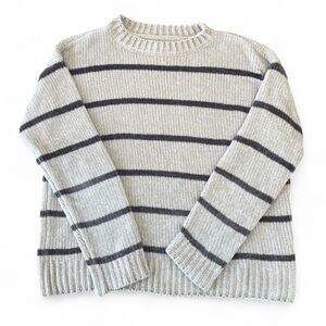 Yaya women small cozy Striped Crewneck Knit Sweater - Gray with Black Stripes